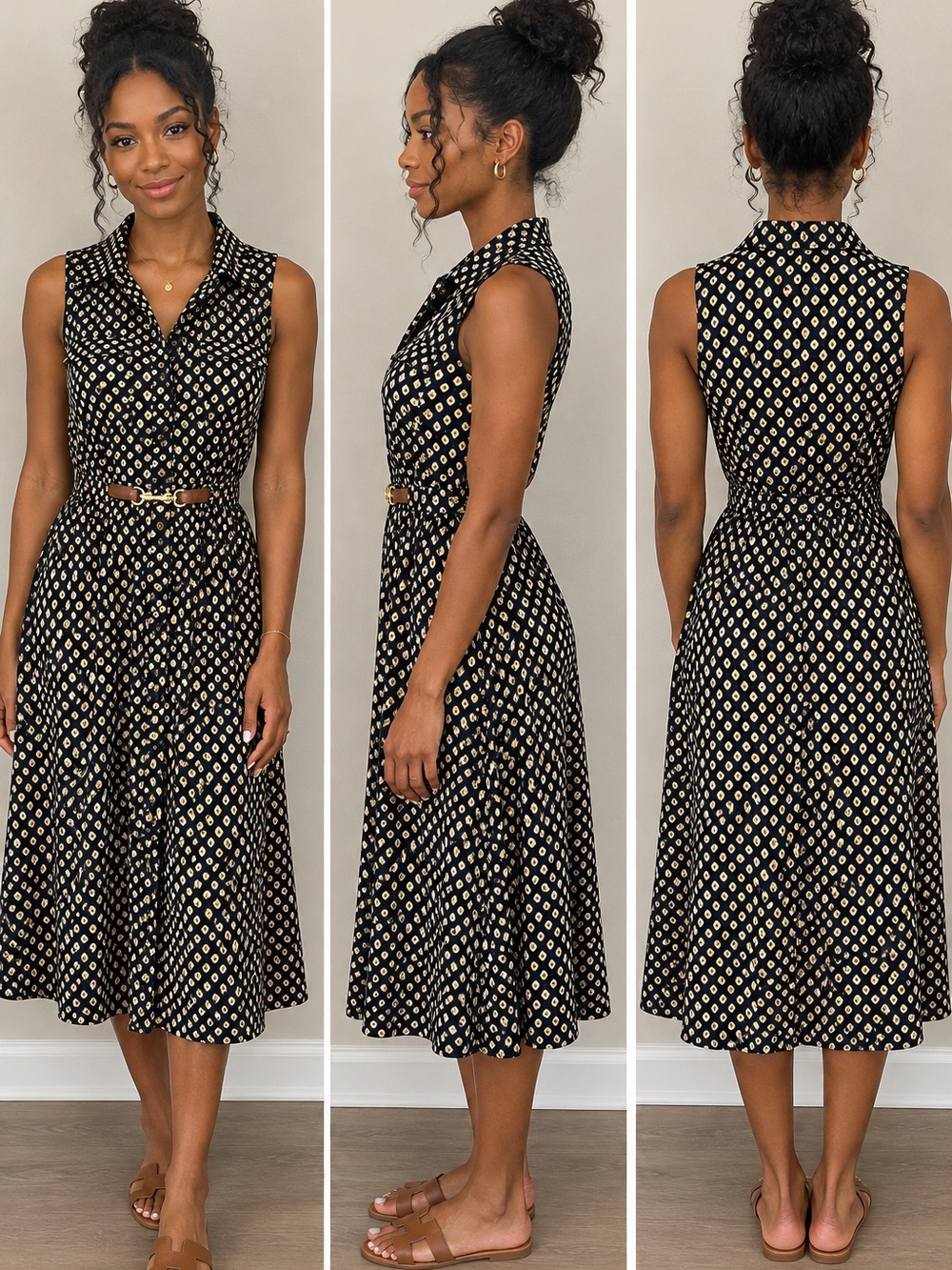 Indigo Rose Geometric Print Button-Up Midi Dress – Women’s Small